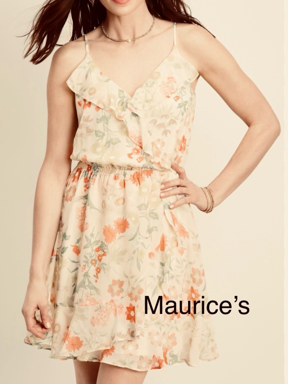 265 MAURICE’S Cream Floral Ruffle Mini Dress with Peach Flowers